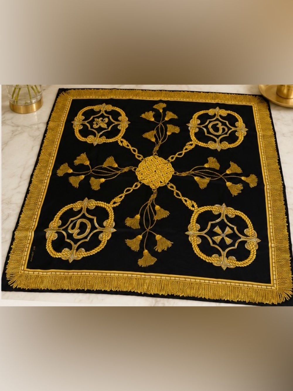 St. John Oversized 42” Silk Scarf – Black & Gold Rope Tassel Medallion Print